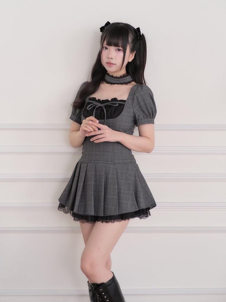 Gray Plaid Square Neck Pleated Jumper with Choker and Shorts - No Genki