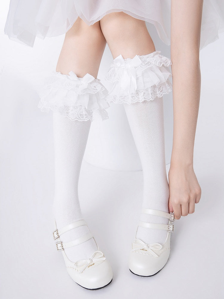 Decorated Lolita Multi-Layer Calf White/Black Bow Trim Lace Socks