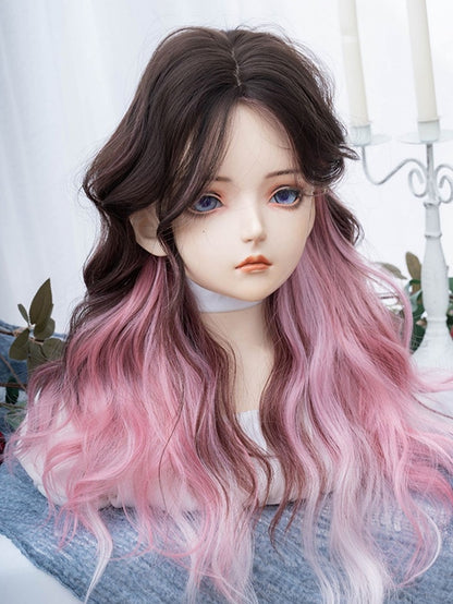 ピンクブラックのオンブレロングウェーブ合成ウィッグ（カーテンバング付き）