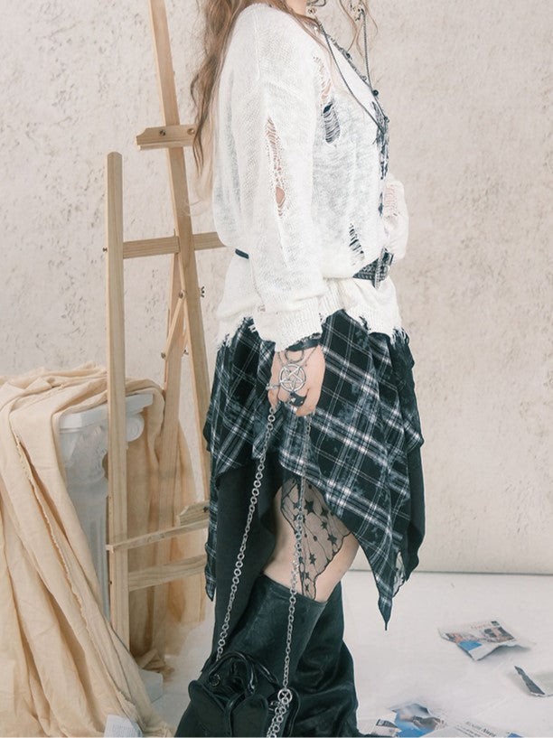 Plaid Hem Handkerchief Size Embroidered Lace with Black Skirt Layer Patchwork Plus Star