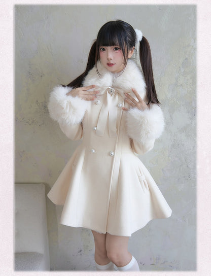 Apricot Coat Jirai Kei Big Bow Breasted with Double Detachable Fluffy Collar and Cuffs Rhinestone