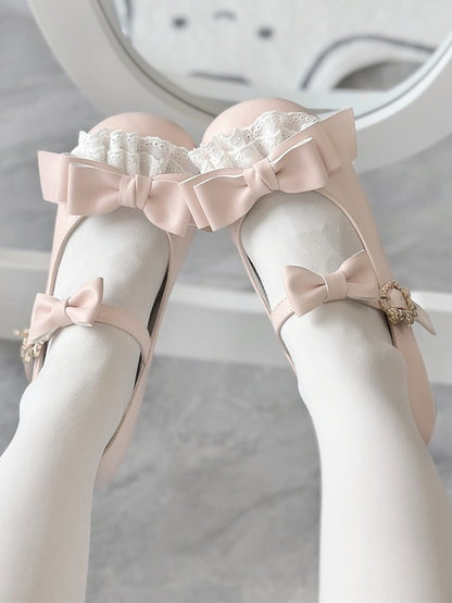 Low-heel/Mid-heel Accents Sweet Delicate Bow Lace Mary Pink Lolita Shoes in Jane