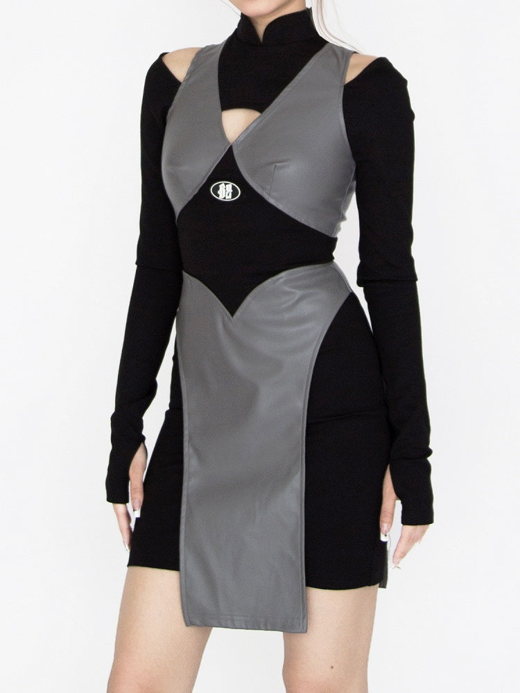 Cyberpunk Futuristisches Schwarz-Graues Stehkragen-Ausschnitt-Detail Ninja Glamouröses Kleid