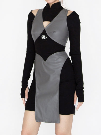 Cyberpunk Futuristisches Schwarz-Graues Stehkragen-Ausschnitt-Detail Ninja Glamouröses Kleid