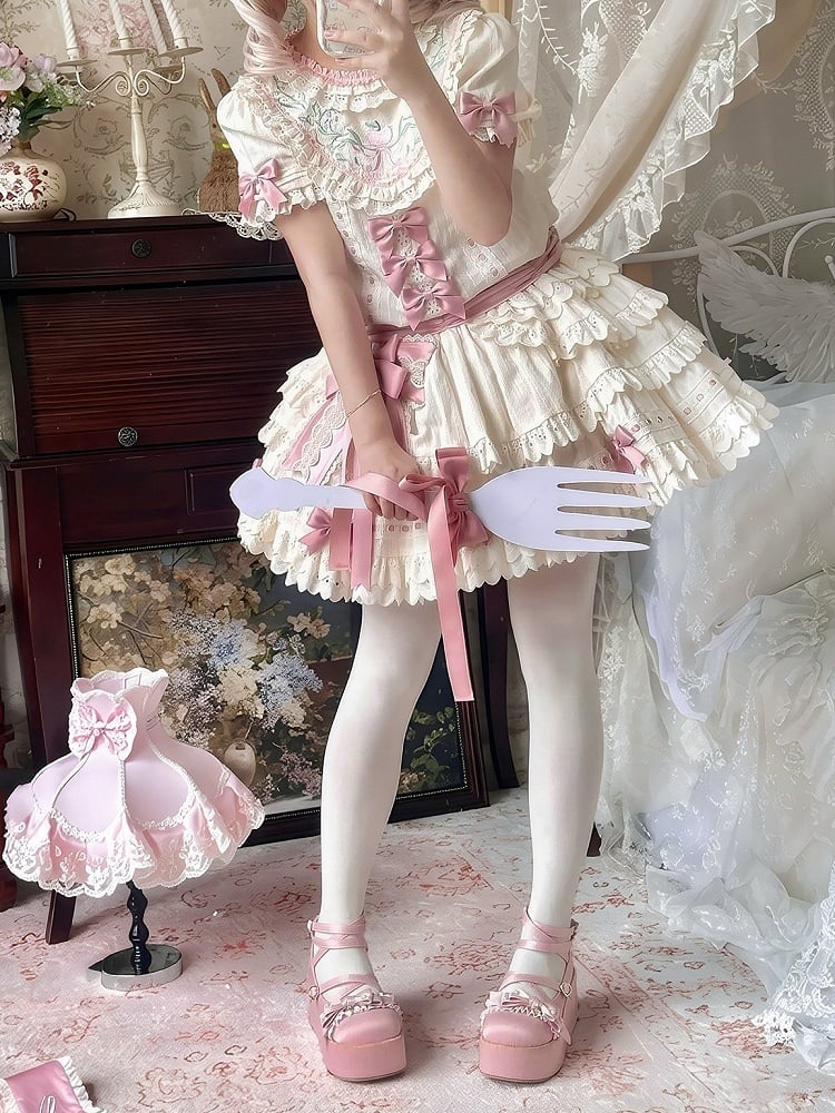 Ruffled Short-Sleeve Lolita OP Dress with Apple Embroidery in Sweet Pink & Beige - Yinying Lolita