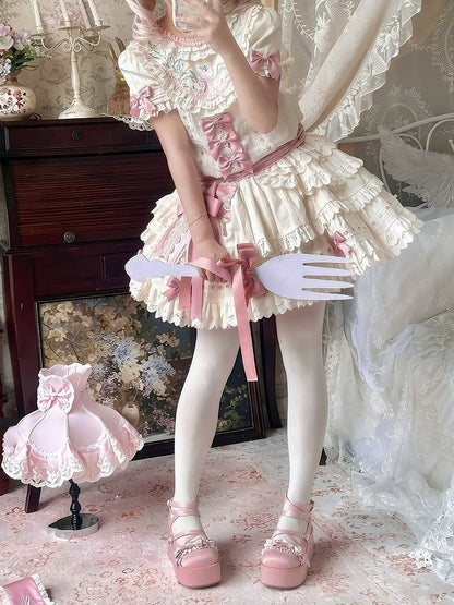 Ruffled Short-Sleeve Lolita OP Dress with Apple Embroidery in Sweet Pink & Beige - Yinying Lolita