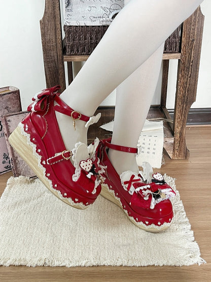 Wine Red Lace Bowknot Platform Shoes with Rabbit Ears - Cheese Mango