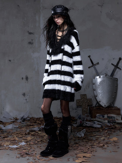White with Striped Vintage Long Black Lacing Punk Crisscross Mink Distressed Collar Sweater Faux