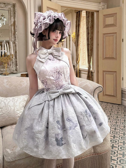 Oriental Lilac Halter Bow Floral JSK Outfit - Yimu Walnut