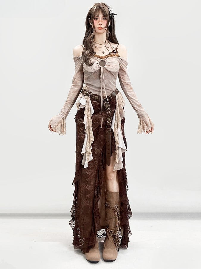 Lace Millard Fashion Asymmetrical Design Glamorous Hem Thigh-high High-low Skirt Brown Trim Slit