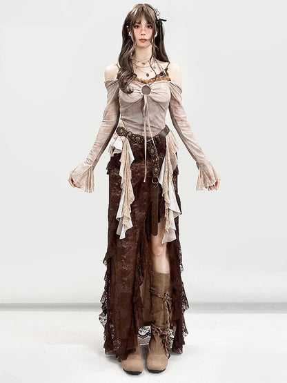 Lace Millard Fashion Asymmetrical Design Glamorous Hem Thigh-high High-low Skirt Brown Trim Slit