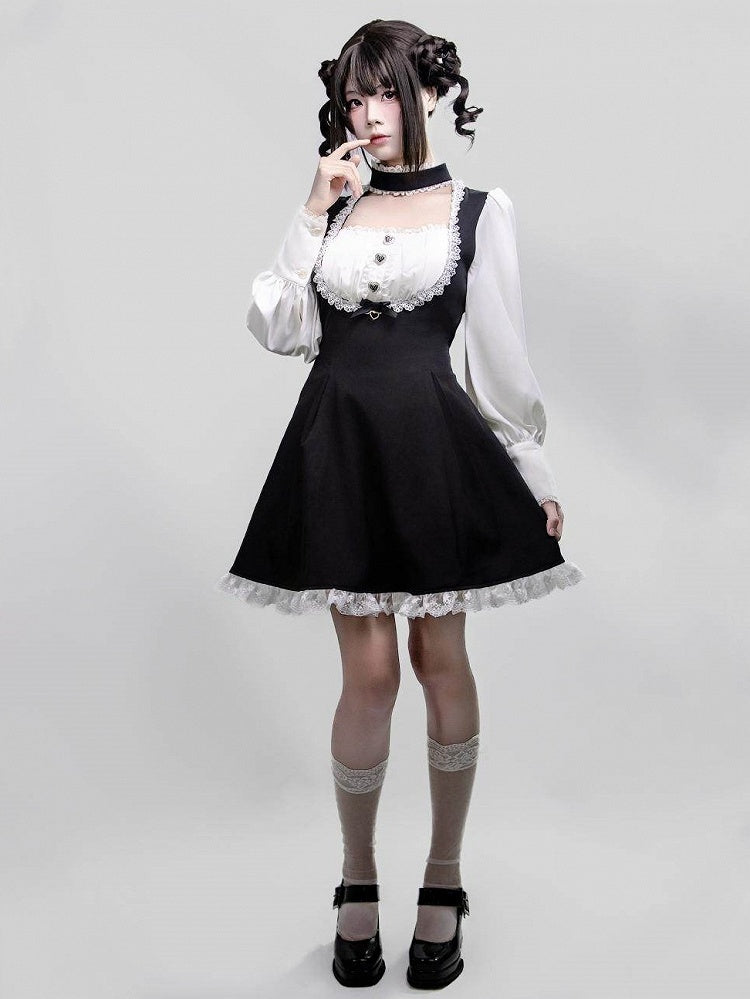 One-Piece Long with Jirai Choker Lace Sleeve White Kei Details Dress Black Design