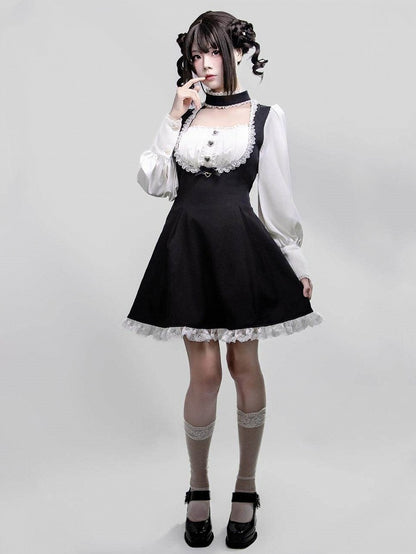 One-Piece Long with Jirai Choker Lace Sleeve White Kei Details Dress Black Design