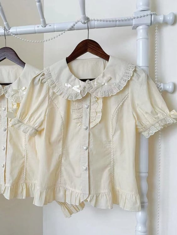 Apricot Ruffled with Blouse Bow Short-Sleeve Decorations