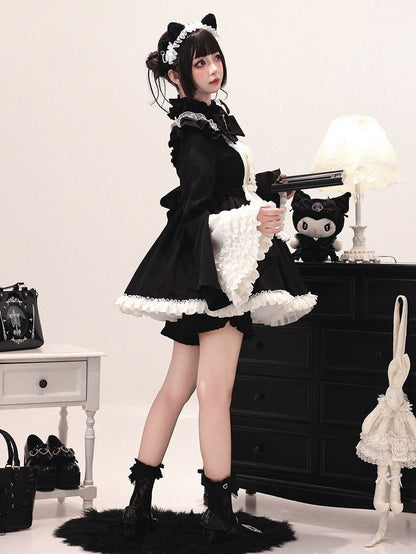 Black & White Jirai Kei Maid Outfit - Bell Sleeve Dress with Apron & Shorts