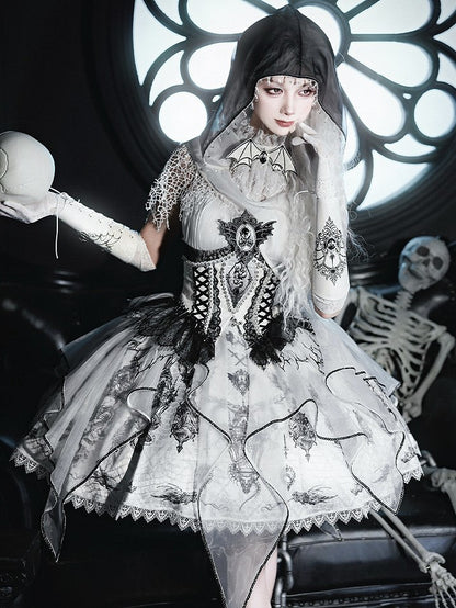 Black & White Bone Dragon Embroidery Halter Neck Gothic Lolita Dress Set - Ying Luo Fu