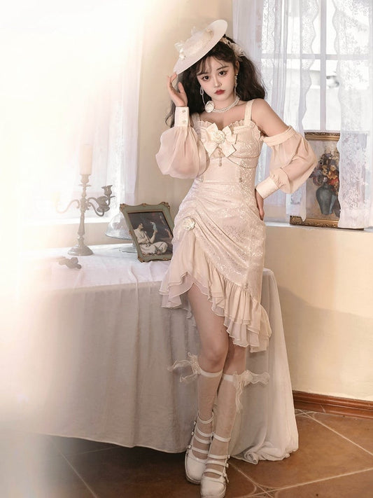 Lolita Meerjungfrau Rose Saum Rüschen Jacquard Elfenbein Dekoration Detail Perle JSK