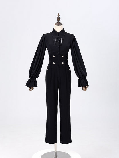 Black Foldover Collar Shirt with Cross Embroidery and Long Sleeves - DevilInspired Exclusive Collection
