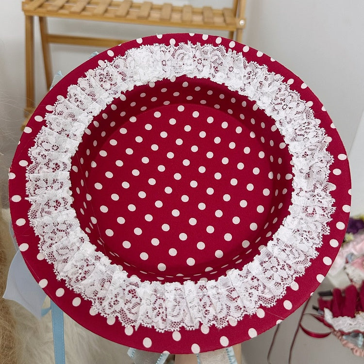 Lace Flat Strawberry Red Polka-dot Bow Hat