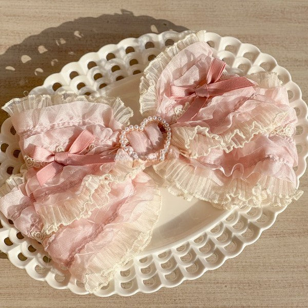 Lace Bead Heart-Shaped with Adorned Lolita Bow Hairclip Ruffled Fluffy and Pink Sweet