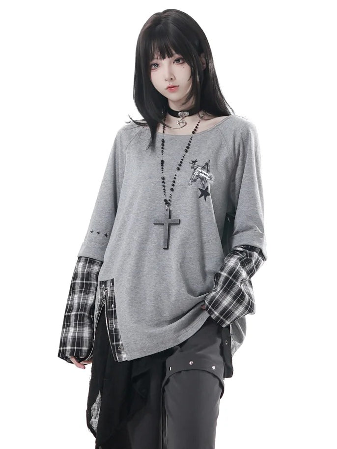 Detachable Grey Unisex Zipper Taste Studded Plaid Slit Aesthetic: with Oversized Sleeves Top