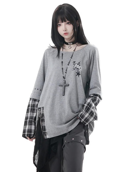 Detachable Grey Unisex Zipper Taste Studded Plaid Slit Aesthetic: with Oversized Sleeves Top
