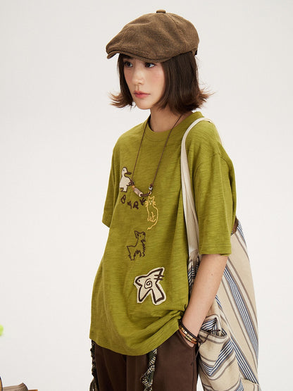 Decoration Patch T-shirt Animal Green Kawaii with Embroidery