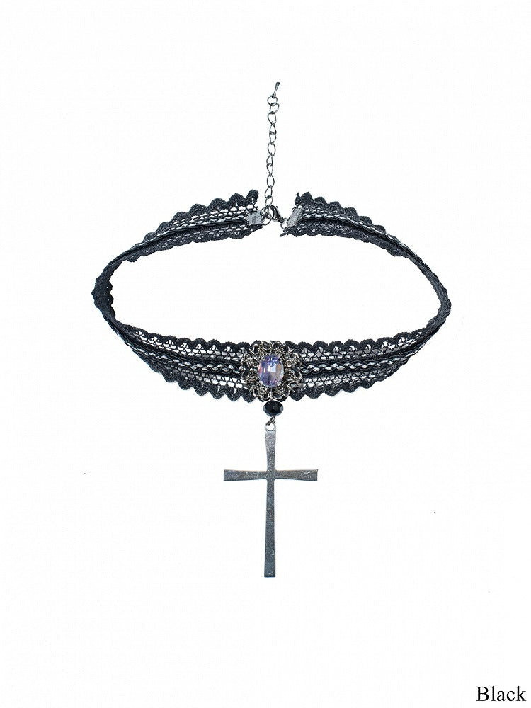 Cross Rhinestone-Accented with Pendant Lace Blue/Black/Red Choker Dark