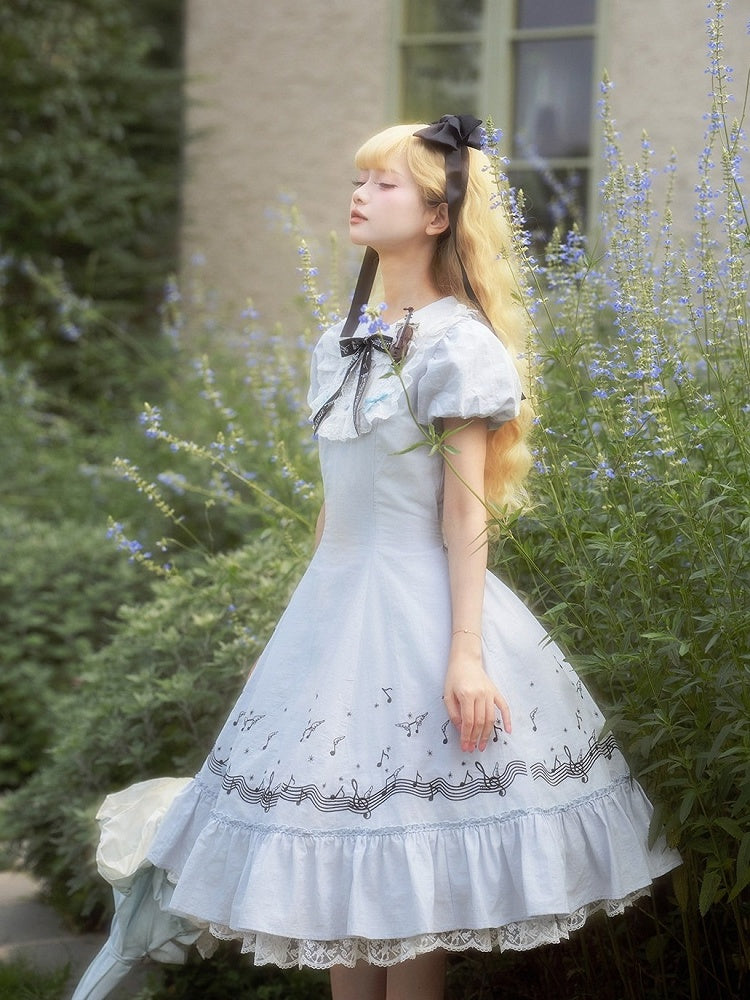 Light Blue Embroidered Music Note Lolita Gown with Panel Skirt and Puff Sleeves - Surface Spell