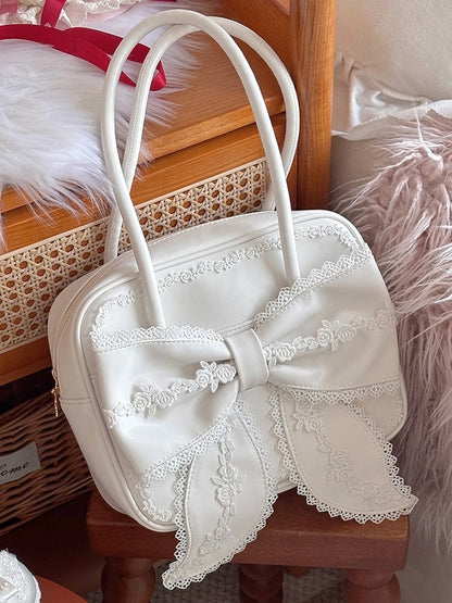 3 Featuring Large Bow Styles White PU Trim Lolita Bag Square Lace and Shoulder a