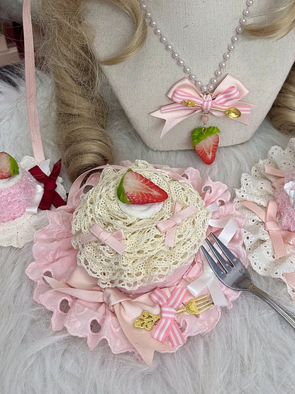 with Pink Lace Strawberry Hat Accents Sweet Mini Cream Lolita Layer