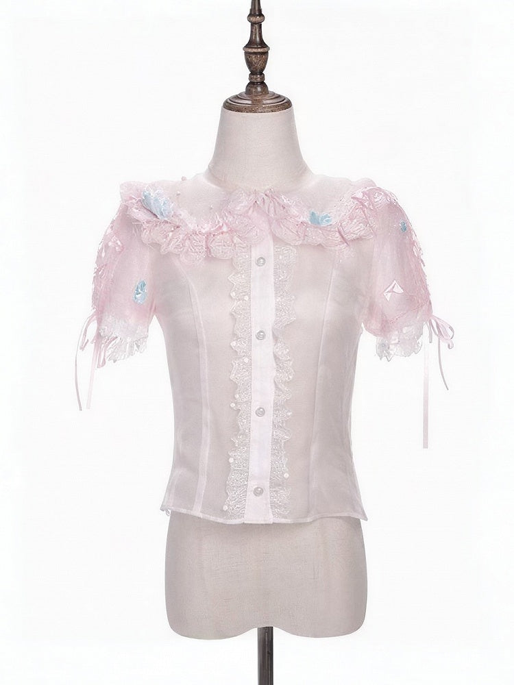 Pink Lace Trimmed Peter Pan Collar Sweet Lolita Sheer Blouse with Bows - Meng Fu Zi