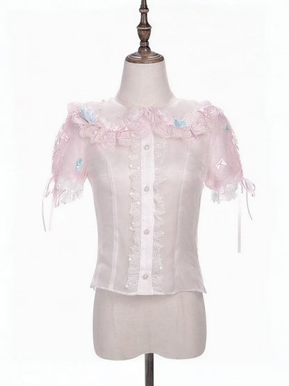 Pink Lace Trimmed Peter Pan Collar Sweet Lolita Sheer Blouse with Bows - Meng Fu Zi