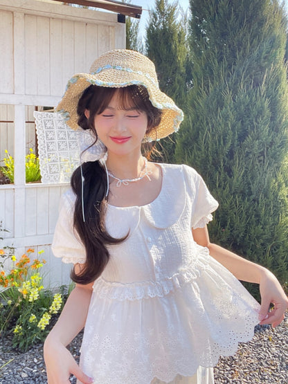 レーストリムブラウス ホワイト ピーターパンカラー パフスリーブ