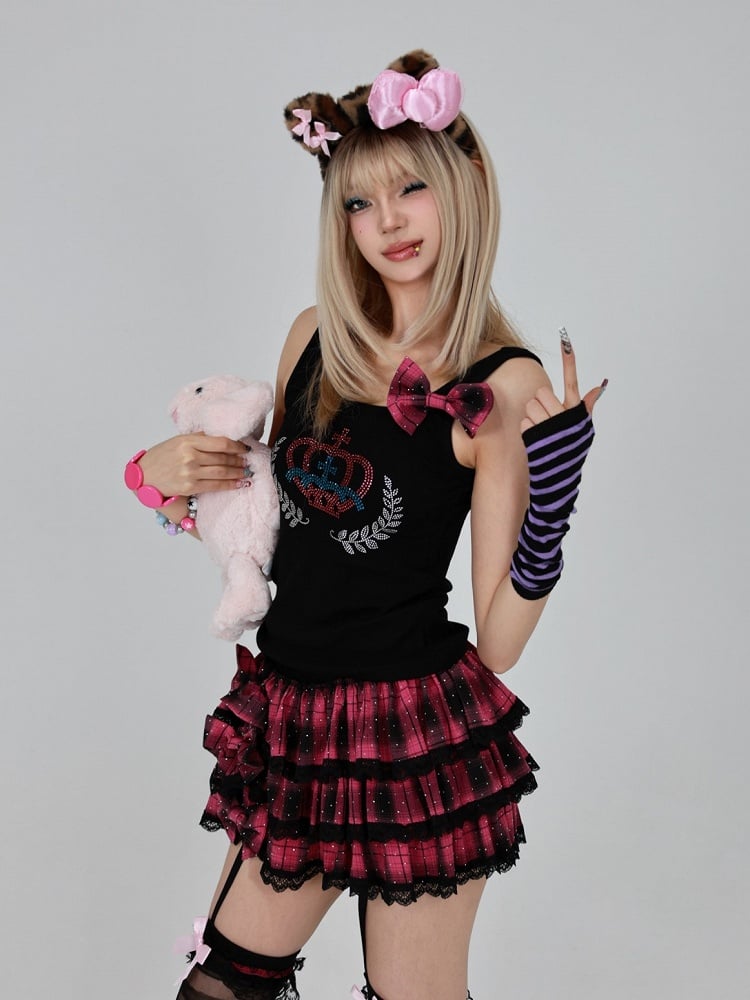 Red Plaid Tiered Skirt with Black Lace Trim and Detachable Bow Accents