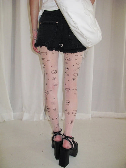 Style) (Playful Skull Pantyhose Print Kitty and Sweet