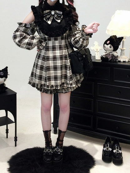 + 3-in-1 Set: Design Jirai Convertible Beige Kei Shorts Sleeve Black | Dress Plaid