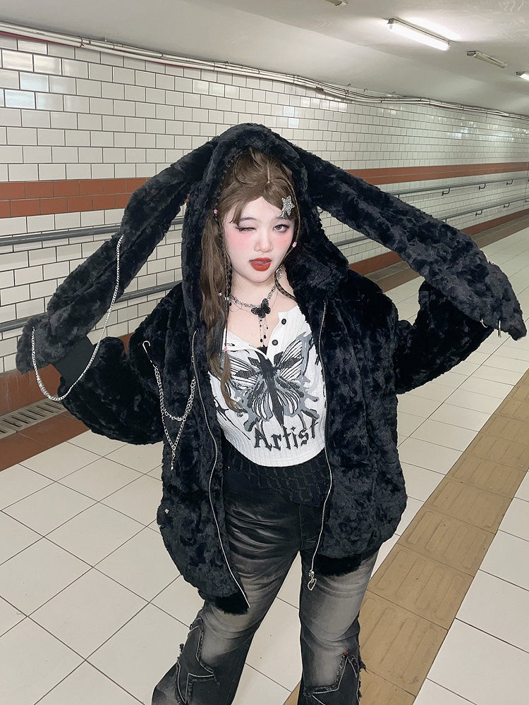 Ears Size Plus Black Hooded Coat Y2K Bunny