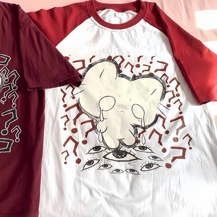 Cotton White Cat Print T-shirt Crying Colorblock Red Design Crewneck with
