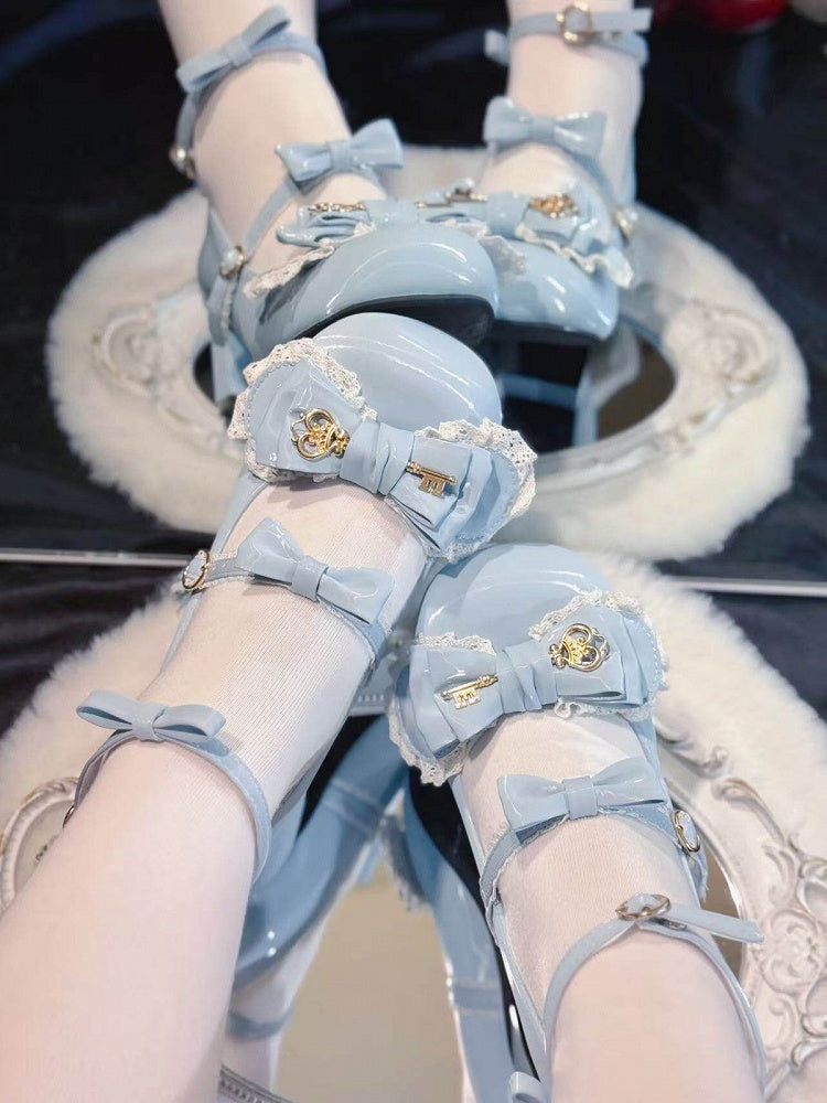 5 Colors Silk Shimmer Lolita Shoes 5cm Heel with Lace Trim Bow and Gold Key Details - Guligul