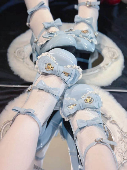 5 Colors Silk Shimmer Lolita Shoes 5cm Heel with Lace Trim Bow and Gold Key Details - Guligul