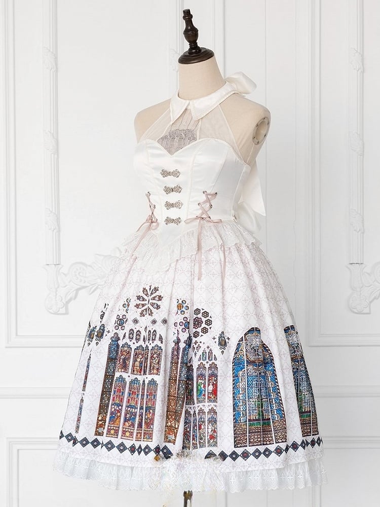 Window Halter White Gothic Lolita Neck Print Stained Jumper Church Skirt