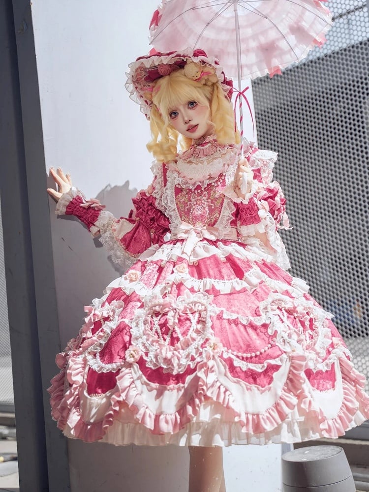 Hanayome Details Bead Embroidery Chain and Rosette Dress Rose Floral Lolita Pink