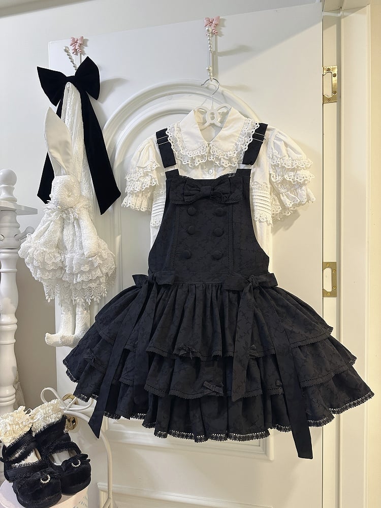 Black Ruffle Sweet Lolita Buttons with Overall Dress Layered Double-Breasted
