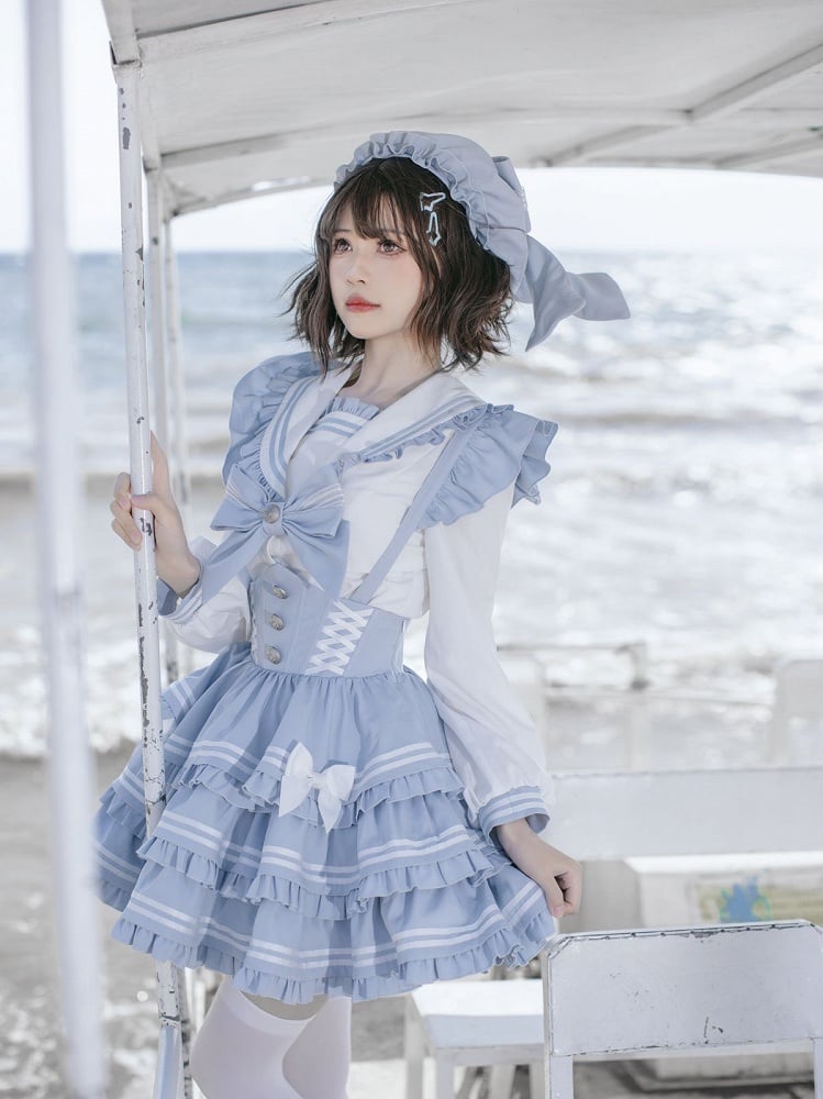 Overalls Light Flutter Sleeves Bow Accents Tiered Skirt Sweet Blue Lolita Dress