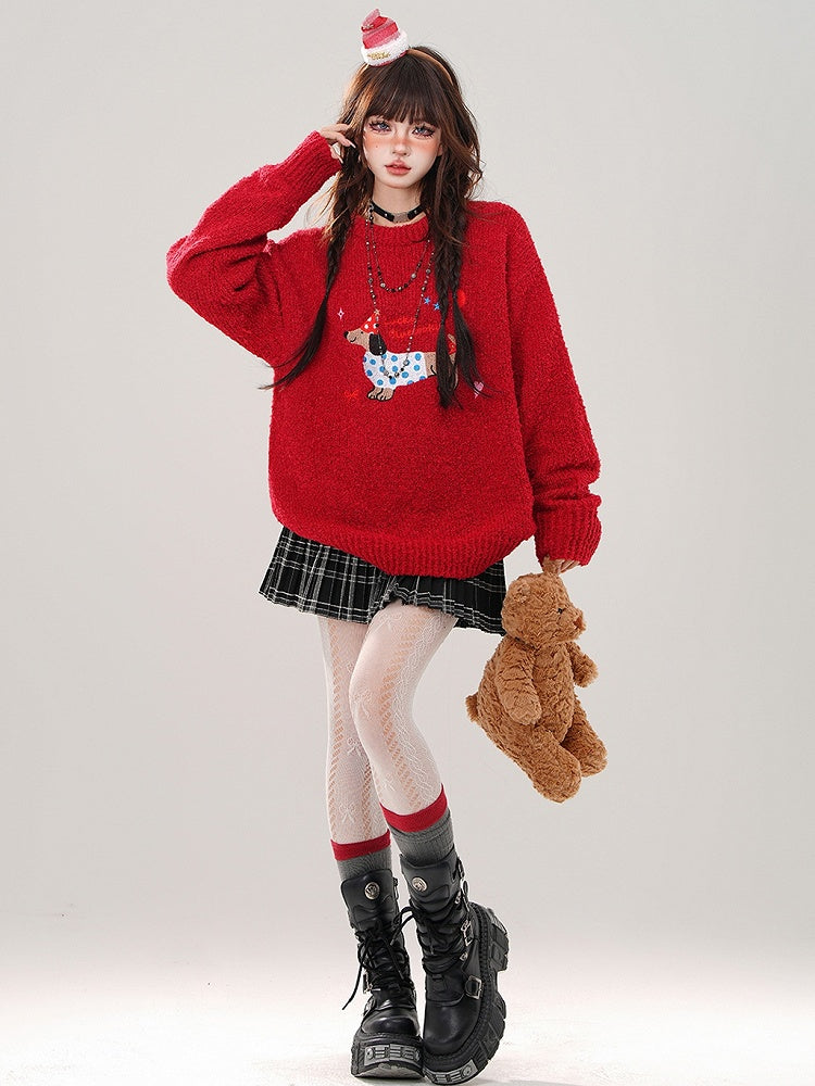 Christmas Red Cute Dachshund Round Neck Loose Sweater