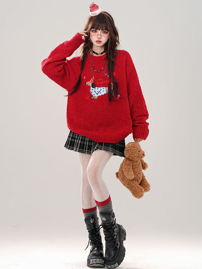 Christmas Red Cute Dachshund Round Neck Loose Sweater