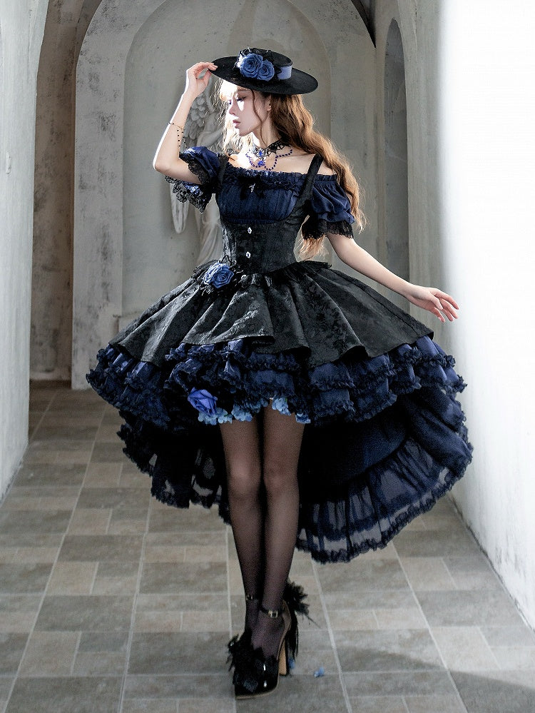 Gothic Underbust JSK Dress with Off-Shoulder Blouse, Dark Blue & Black, High-Low Skirt - Sheer Ocean