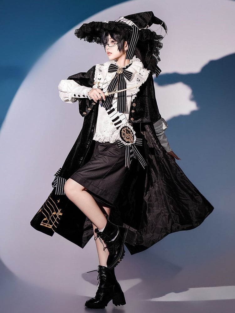 Black and White Ouji Lolita Full Set - White Shirt + Black Shorts + Musical Note Print Black Robe