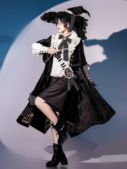 Black and White Ouji Lolita Full Set - White Shirt + Black Shorts + Musical Note Print Black Robe